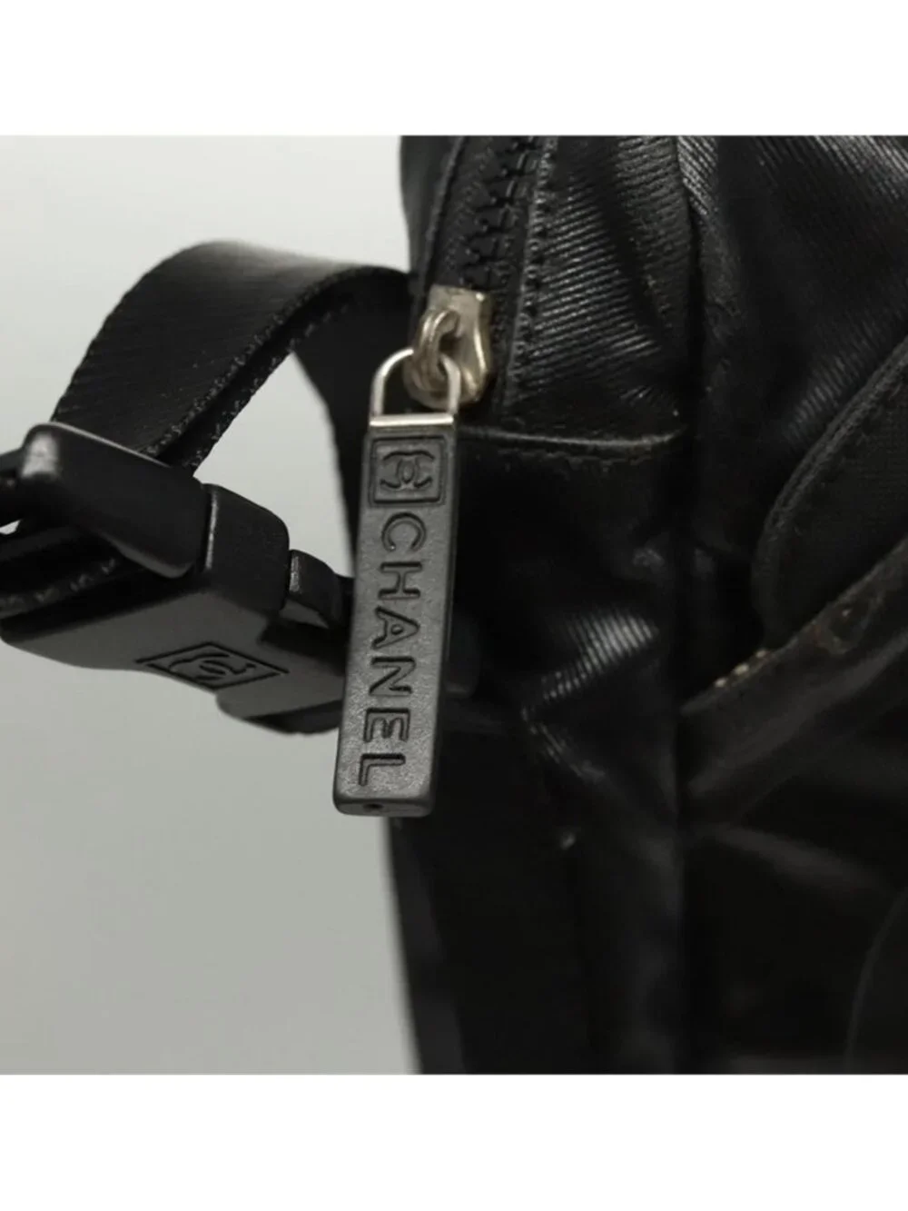 Authentic CHANEL Sports Shoulder Bag Coated Canvas Black CC